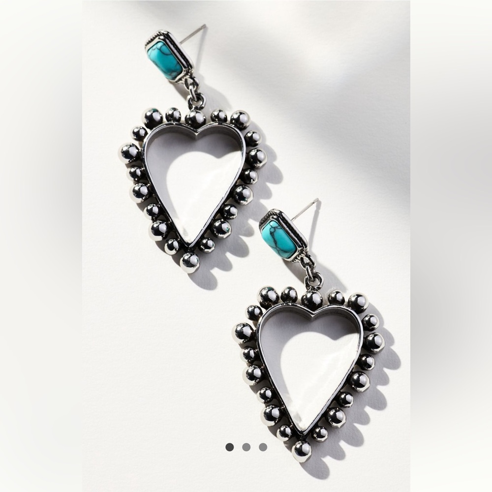 Anthropologie Western Silver Heart Earrings with Turquoise Accents